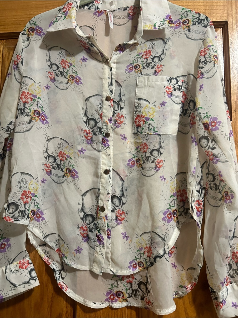 36 point 5 Floral Skull Print Button-Up sheer Blouse